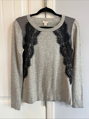 J. Crew Light Gray Crewneck Sweater with Black Lace Panels S
